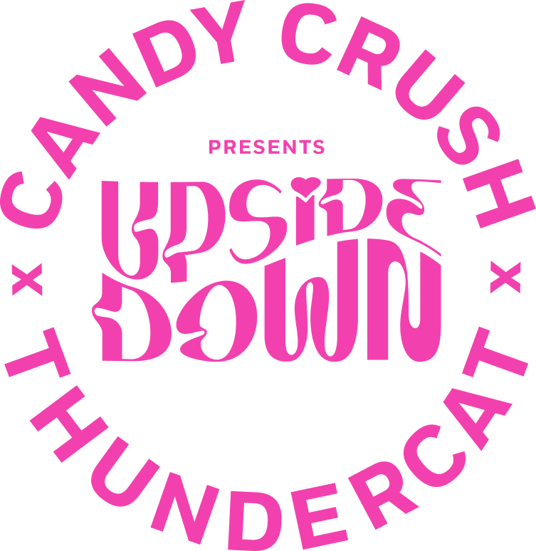 Circular design with 'Candy Crush' and 'Thundercat' text in pink